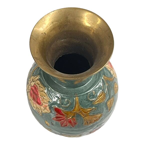 Vintage Enameled BRASS VASE 4" Mini Flower Vase Green Gold Metal Container India - Picture 4 of 7
